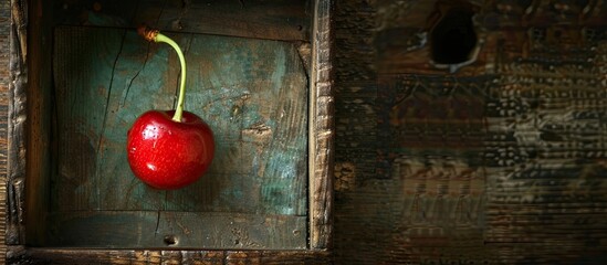 Poster - A vibrant red cherry sitting in a rustic wooden box, a summer fruit symbolizing healthy eating, captured from above with ample copy space in the image.