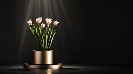 Wall Mural - Golden 3D podium with tulips, dark background, spotlight effect, elegant and spacious for text