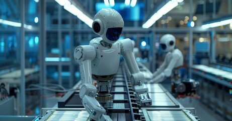 Poster - Robots working on an assembly line in a modern production facility