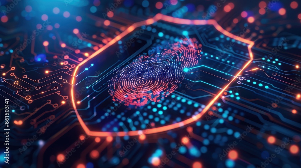Fingerprint scan, dark data flow chart, shield icon, top view ...