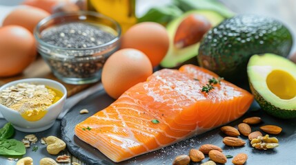 Appetizing display of keto-friendly foods - salmon, avocado, eggs, nuts, and seeds - set against a bright background, offering a visually appealing option for promoting healthy eating.