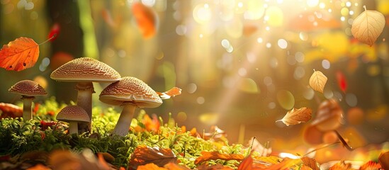 Aufkleber - During autumn, a few mushrooms grow in a forest clearing with ample copy space image.