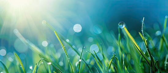 Poster - A single dew drop glistens in morning sunlight on lush green grass, captured in a close-up photo against a blue backdrop with copy space image.
