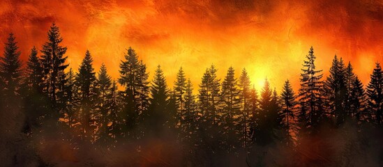 Poster - Dramatic sunset bathes forest silhouette with golden light under a fiery sky. Ideal as a background with ample copy space image.
