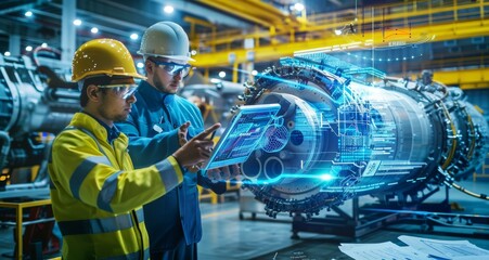 Poster - Engineers using a digital tablet for mechanical inspection in an industrial setting