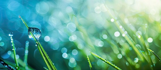 Poster - A single dew drop glistens in morning sunlight on lush green grass, captured in a close-up photo against a blue backdrop with copy space image.