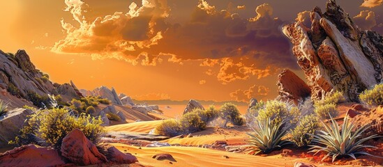 Aufkleber - A scenic view showcasing rocks, plants, and an orange sky, perfect for a copy space image.