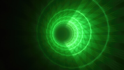 Wall Mural - Abstract bright green glowing background with a tunnel of lines and stripes of energy of burning rays of plasma and electricity with light
