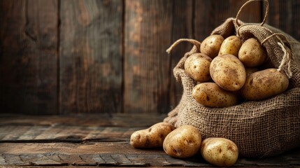 Wall Mural - Abundant potatoes displayed in a rustic sack on a wooden table, providing an ideal space to incorporate your message or promotional content.