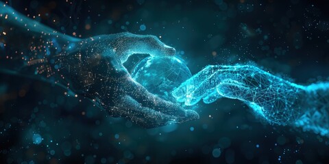 Poster - digital hands holding a global network