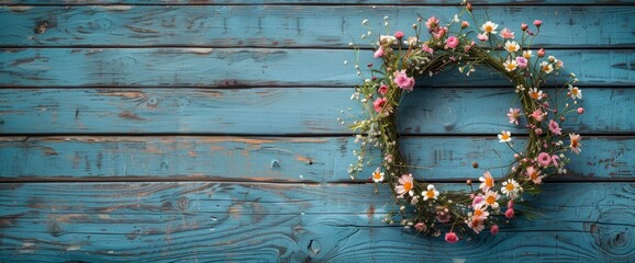 Sticker - Spring Flower Wreath Garland Frame On An Old Rustic Blue Wood Background, Creating A Charming And Vintage Scene