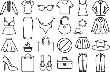 Sticker - Fashion related editable stroke outline icons isolated on white background flat vector illustration