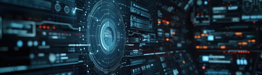 Canvas Print - Digital lock, system monitoring interface, data analysis chart, top view, signifies secure system analysis, scifi tone, monochromatic color scheme