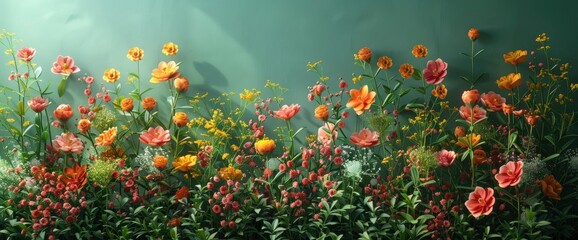 Wall Mural - Spring Flowers On A Green Paper Background, Creating A Vibrant And Cheerful Scene