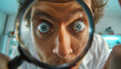 © Steven - A curious man looking through a magnifying glass with wide eyes capturing a moment of discovery and intrigue perfect for science and exploration themes