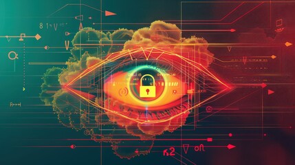 Eye icon, gold cloud with lock, data flow chart, front view, indicates monitored security, advanced tone, triadic color scheme