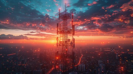 A towering communication antenna set against a vibrant sunset sky in the city, showcasing technology and urban development.