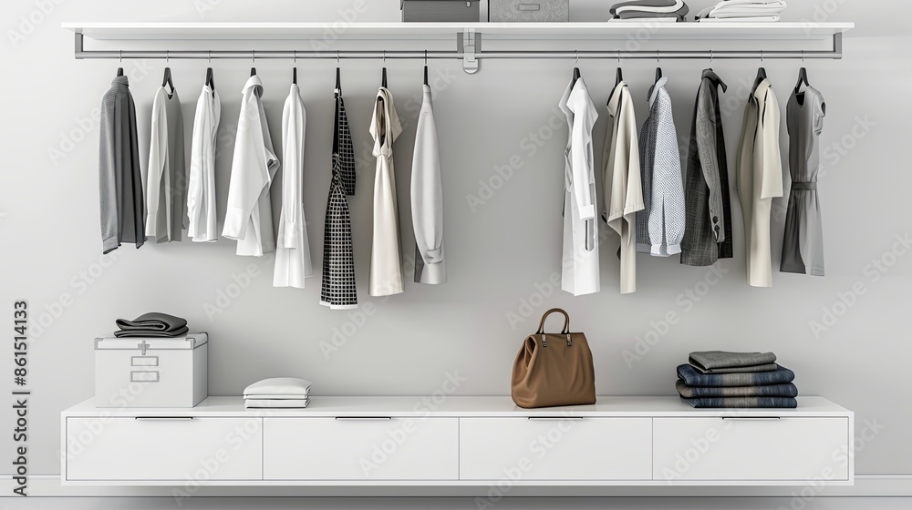 clothes hanging on rail in modern wardrobe, closet interior design ...