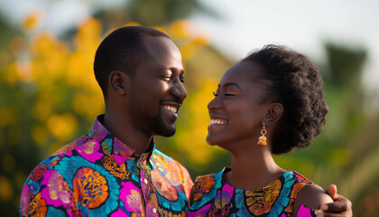 A happy couple wearing matching colorful outfits smiling at each other creating a warm and joyful moment of love and togetherness