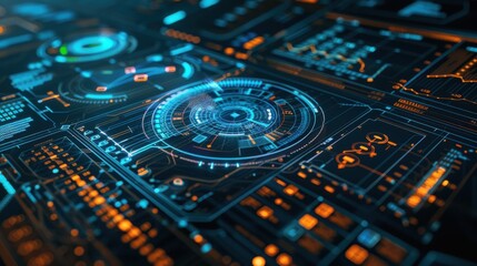 Wall Mural - Data analysis chart, silver system monitoring interface, key icon, side view, conveys secure data flow, robotic tone, splitcomplementary color scheme