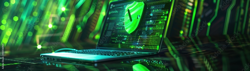 Laptop with shield, green access granted message, encrypted data symbol ...