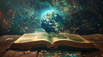 Wall Mural - Glowing Earth Rising From Open Book With Sparkling Dust