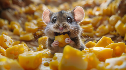 Cute brown field mouse eating a piece of cheese with a pile of fall leaves in the background