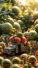 Canvas Print - Close up of mini watermelon field and car scene