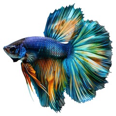 Poster - Mesmerizing Betta Fish with Vibrant Fins Spread in Vivid Shades of Blue  Green  and Orange