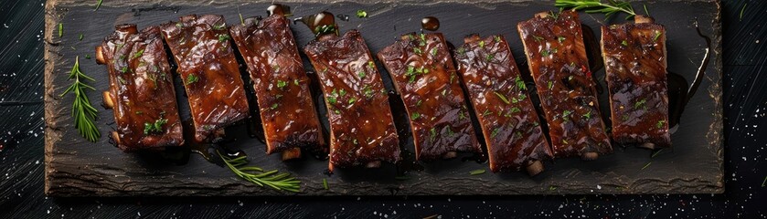 Wall Mural - Delicious grilled ribs with savory BBQ sauce, arranged on a dark wooden board, garnished with fresh herbs. Perfect for BBQ lovers.