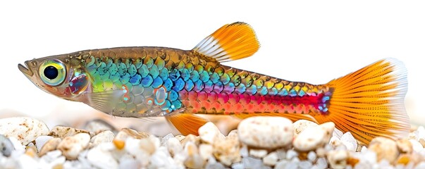 Canvas Print - Vibrant Endler s Livebearer Swimming in Clear Water with Iridescent Scales and Fan like Tail