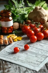 Wall Mural - Medications and healthy foods on a prescription background