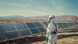 © kitipol - An engineer in protective gear inspects solar panels amidst the harsh desert environment, their dedication to renewable energy evident as they evaluate the functionality of the solar farm against the