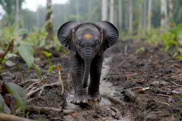 Wall Mural - Borneo Pygmy Elephant in natural environment ultra-realistic photo