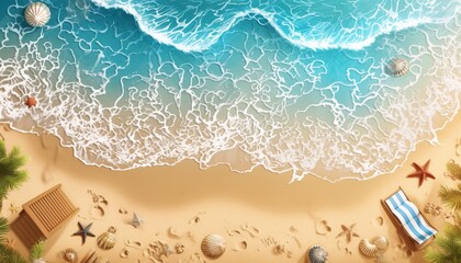 Wall Mural - resort sea beach with a sandy shore and sun loungers against the backdrop of blue waves.