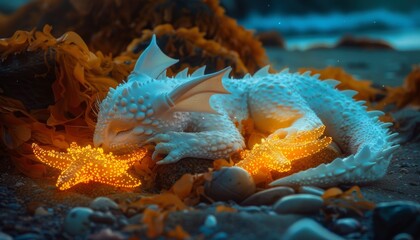 Sticker - An amphibian sea dragon sleeps on the oceanic shore among starfish.