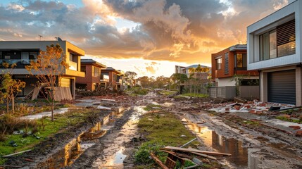 Wall Mural - Flooded street in a residential area after heavy rain