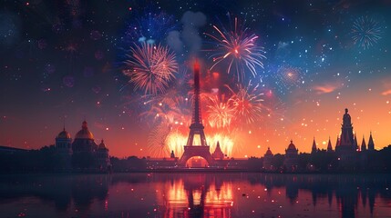 Wall Mural - Minimalist 3D Render of Labor Day Fireworks over Famous Landmark