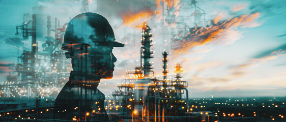 Double exposure silhouette of an engineer at an industrial plant at sunset