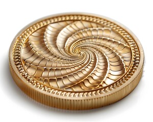 Poster - intricate golden spiral coin with shimmering details isolated on white background