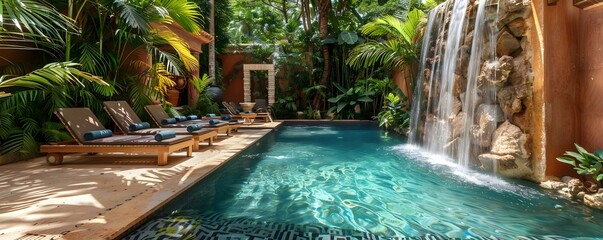 Poster - Lush Tropical Pool Retreat with Cascading Waterfall and Sumptuous Garden Surroundings