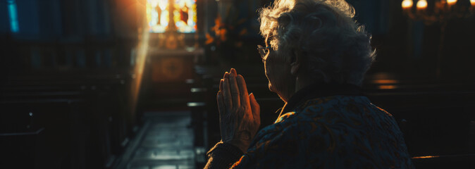 Wall Mural - Elderly woman praying in church during a service