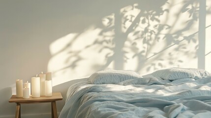 Wall Mural - There is a bed with tree leaves shadow white blank wall background