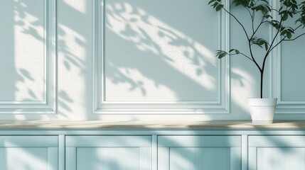 Wall Mural - There is blue cabinet with tree leaf shadow white blank wall background