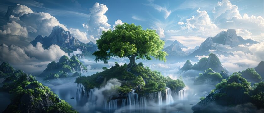A stunning fantasy landscape featuring a large tree atop a floating island, surrounded by mountains and misty clouds under a blue sky.