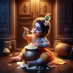 Wall Mural - Shree Krishna for Janmashtami, Makhan Chor, Bal Krishna, Cute