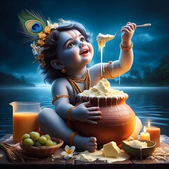 Wall Mural - Shree Krishna for Janmashtami, Makhan Chor, Bal Krishna, Cute