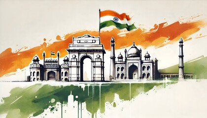 Wall Mural - Watercolor illustration for India Independence Day with iconic Indian landmarks and waving flag. 