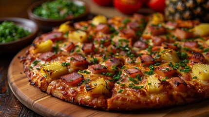 Wall Mural - Delicious Ham and Pineapple Pizza With Fresh Herbs