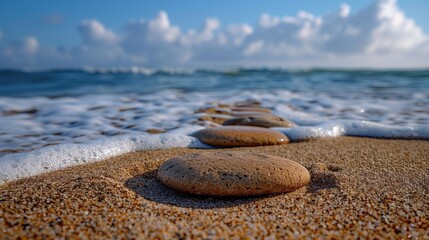 Wall Mural - Smooth Beach Rocks at the Edge of the Ocean on a Sunny Day